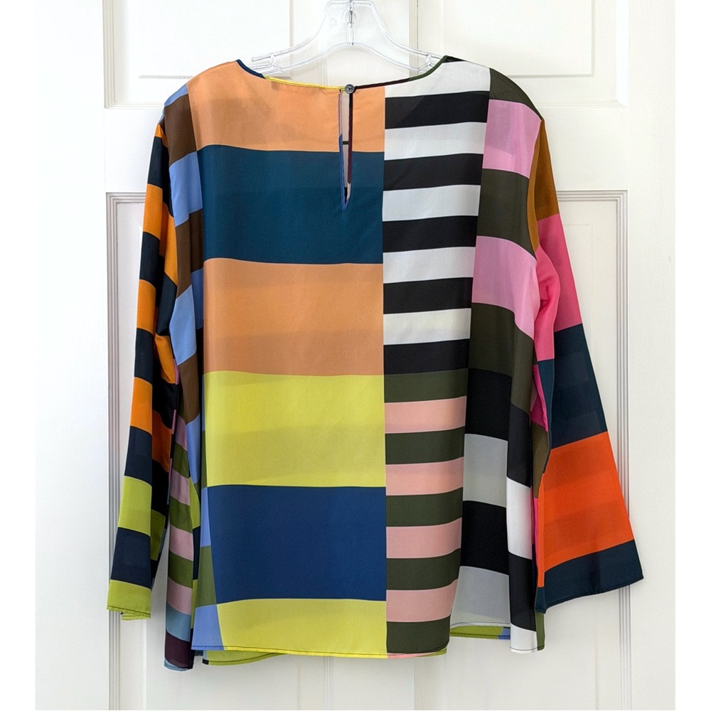 Odeeh Colorful Rainbow Stripe Silk Top Blouse Colorblock Patchwork Rugby 42 - Picture 11 of 16